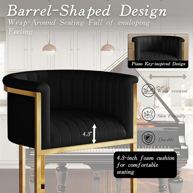 Modern Counter Height Bar Stools,Bar Stools Set of 1,PU Leather Upholstered Barrel Barstools with Backs and Arms,26'' Kitchen Island Chairs,Mirror Champagne Gold Base,Ink Black Leather