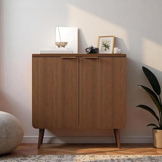 29.5" Modern Fluted Sideboard Cabinet with 2 Doors, Wood Storage Credenza with Shelves, Multi-Purpose Buffet Cabinet for Entryway, Dining & Living Room, Walnut