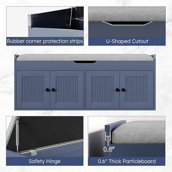 47.2" Storage Bench - Entryway Shoe Bench with 4 Doors and Top Storage Area, Multifunctional Entryway Bench with Lift Top Cushion, Shoe Storage Bench for Bedroom, Living Room, Blue