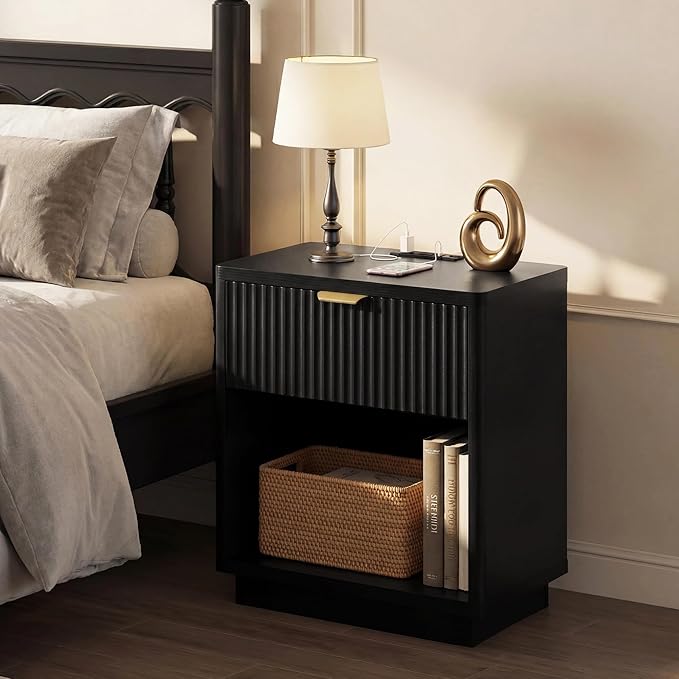 Nasonet Fluted Nightstand Charging Station,Wood Modern Night Stands Storage Cabinet for Bedroom, Black Bedside Table with Drawers