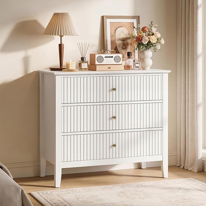 RoyalCraft White Fluted 3 Drawer Dresser, 32 inch Wide Dresser Nightstand for Bedroom, Modern Wood Chest of Drawers, Large Painted Nightstand with 3 Drawers for Closet, Hallway, Entryway