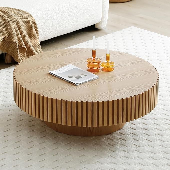 ø39.37'' Oak Round Coffee Table for Living Room Circle Coffee Table Contemporary Wood Coffee Table with Pedestal, Easy Assembly