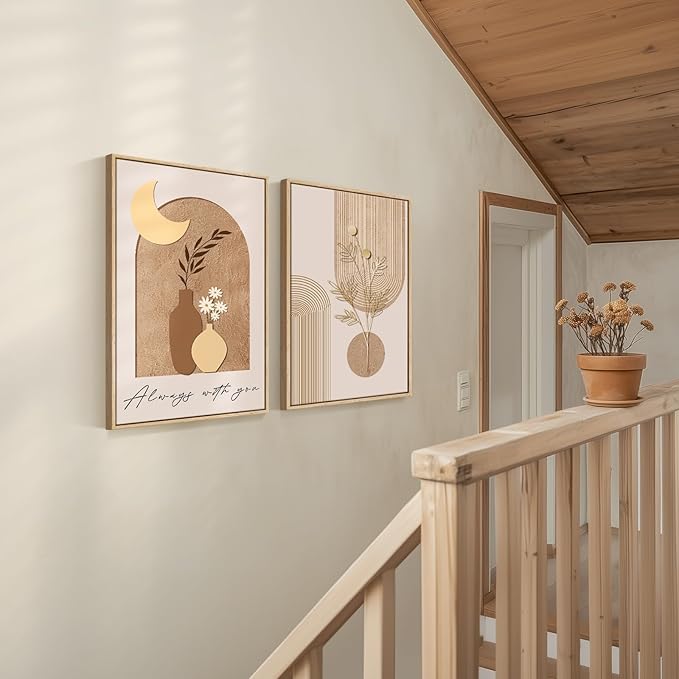 Framed Neutral Boho Wall Art for Bedroom, Set of 2 Modern Elegant Moon Canvas Prints, Mid Century Modern Minimalist Artwork for Living Room Hallway Office Kitchen Office Aesthetic Wall Decor, 20x30 In