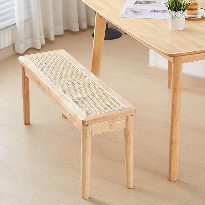 40" Wooden Dining Bench with Hand Woven Rattan Seat,Solid Wood Bench for Entryway,Living Room,Kitchen and Bedroom（Nature Wood，18" H