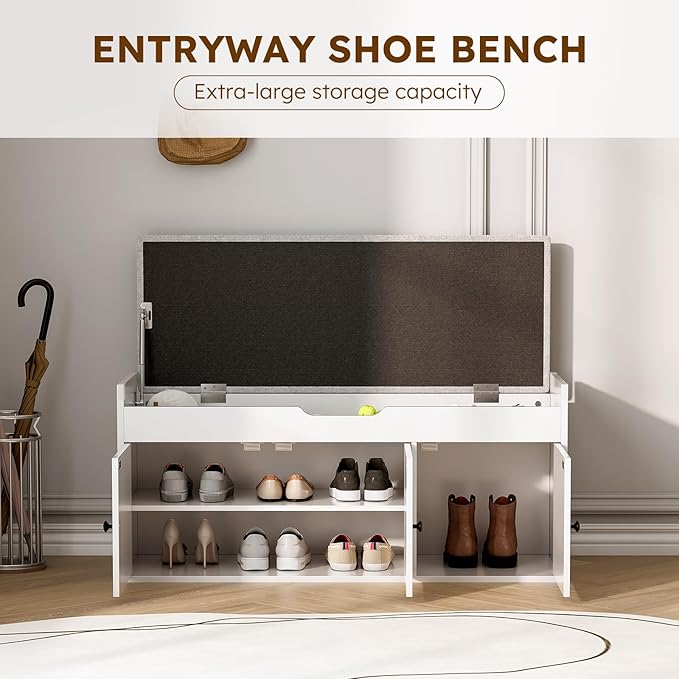 40" Storage Bench - Entryway Shoe Bench with 3 Doors and Top Storage Area, Multifunctional Entryway Bench with Lift Top Cushion, Shoe Storage Bench for Bedroom, Living Room, White