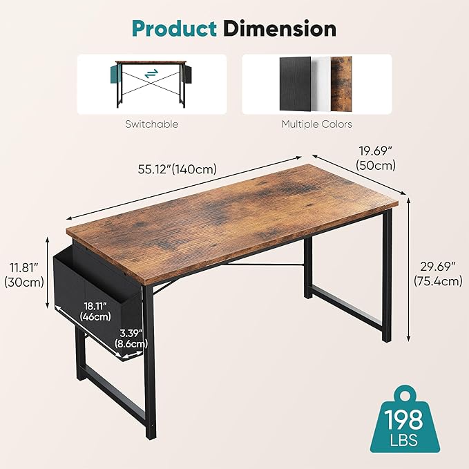 OLIXIS Computer Desk 55 Inch Home Office Desks for Small Spaces, Gaming Writing Study Work Table with Storage Bag and Headphone Hook for Bedroom, Rustic Brown