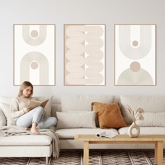 SAFERRYHOME Boho Abstract Wall Art Set of 3, Mid Century Neutral Framed Canvas Print Beige Modern Wall Decor, Geometric Line Artwork for Living Room Bedroom Office,Ready to Hang, 16"x24"