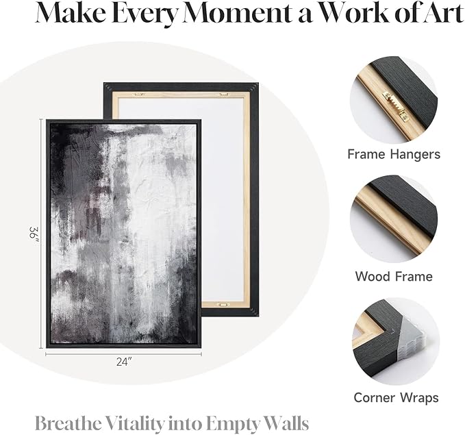 Large Framed Abstract Black and White 3 Piece Wall Art for Living Room, Modern Minimalist Grey Neutral Canvas Artwork for Walls, Contemporary Painting Print Wall Decor for Bedroom Office, 24x36 Inch