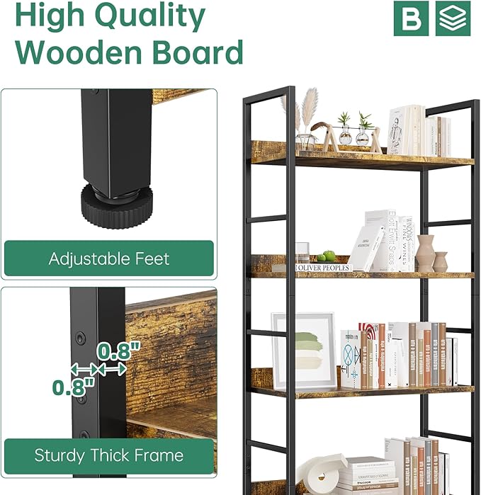 Ekisemio Bookshelf, 5 Tier Industrial Bookcase, Vertical Tall Bookshelf, Wood and Black Metal Open Shelves, Farmhouse Storage Rack for Living Room, Home Office, Bedroom, Rustic Brown