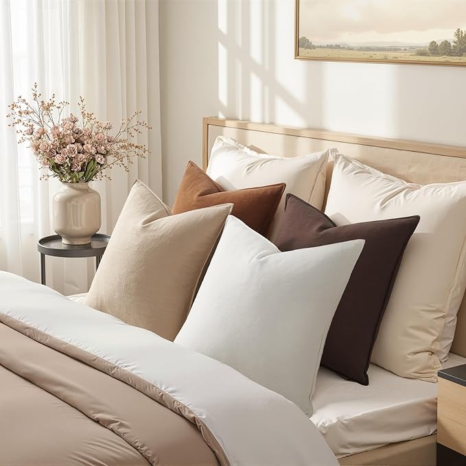 Brown Pillow Covers Pack of 4 Decorative Solid Fall Linen Throw Pillow Covers Soft Accent Boho Farmhouse Couch Pillowcases Modern Home Decor for Living Room Bed Sofa 18x18 Inch
