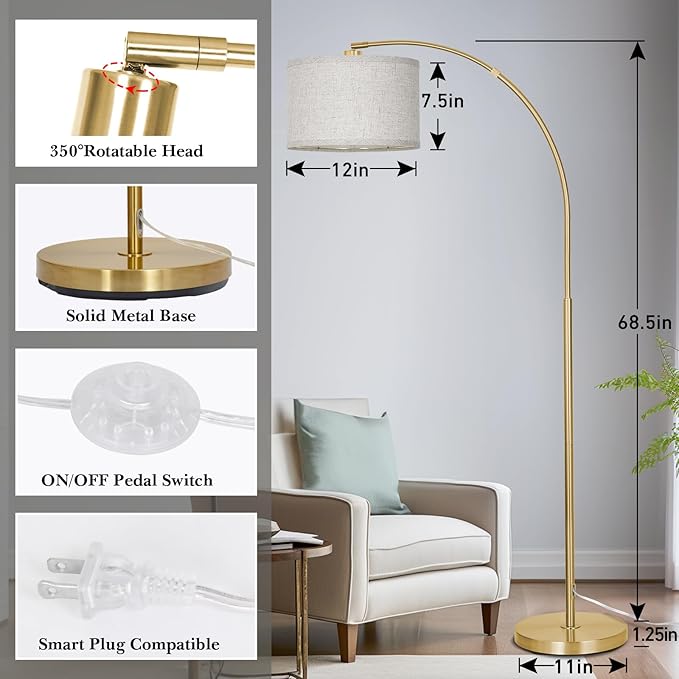 DWTB Gold Arc Floor Lamp for Living Room, Floor Lamp with Adjustable Drum Lampshade, Modern Tall Standing Lamp with Foot Switch, Over Couch Arched Pole Lamps for Reading Bedroom, 8W LED Bulb Included
