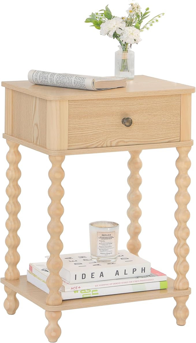 AWASEN Night Stand, Small End Table with Storage for Living Room, Farmhouse Bedside Side Table with Spindle Wood Legs for Bedroom, Office, Natural