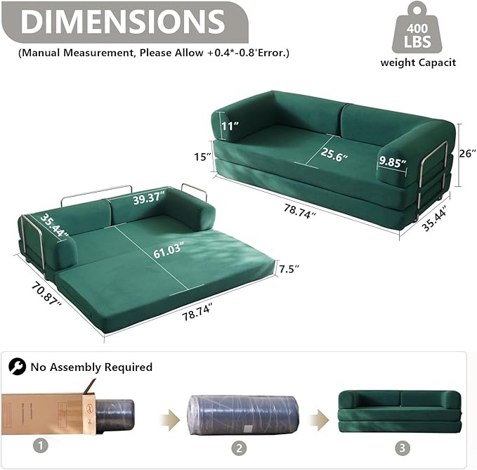 WHGBJA 79" Convertible Sleeper Sofa Bed with Cylindrical Pillow, Corduroy Folding Mattress Couch with Fixed-Shape Frame, Floor Sofa Lounge Couch for Living Room Bedroom Lounge Studio (Green)