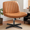 DUMOS Desk Chair No Wheels, Criss Cross Chair Wide Cross Legged Office Desk Vanity Chair, PU Leather Armless Adjustable Swivel Chairs for Home Computer Task Brwon
