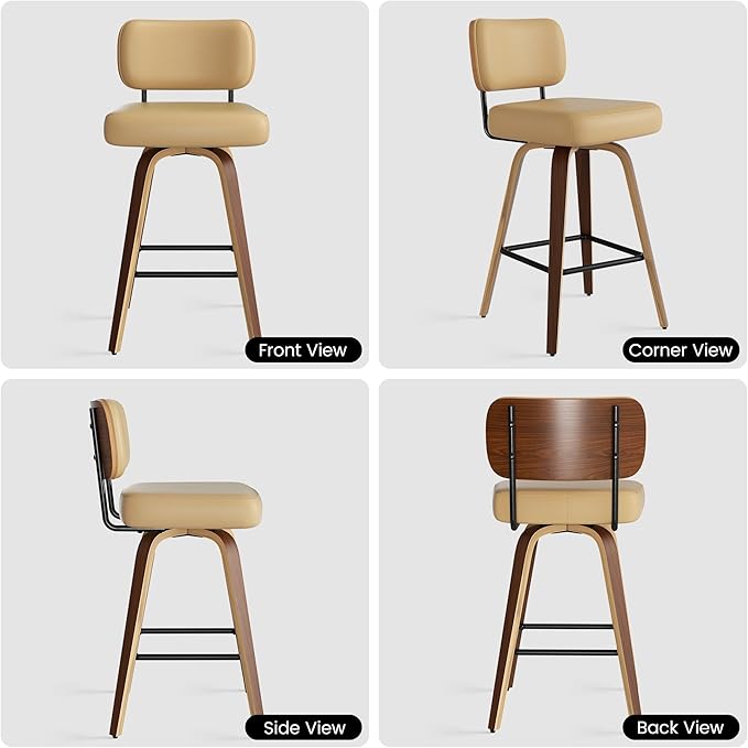 Swivel Bar Stools Set of 2, 26" Upholstered Faux Leather Counter Height Barstools with Walnut Back & Bentwood Legs, Mid Century Modern Bar Chairs Island Stools for Kitchen Counter, Khaki