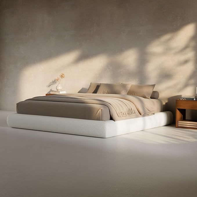 RECCI AirFrame Half-Moon Upholstered Queen Platform Bed Frame, Boucle Curved Arched Base, 5 Inch Fully Round Cushioned Foam, No Box Spring Needed, Easy Assembly | Round Shaped, Boucle, Low-profile, Soft