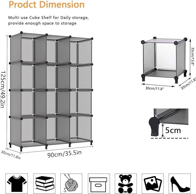 AWTATOS Cube Storage Organizer Closet Storage Cubes Shelves Bookshelf Clothes Organizer DIY Plastic 12 Cube Shelves for Home, Bedroom, Grey ULPZ022