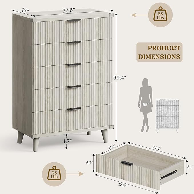 Lulive Dresser for Bedroom Wood Tall Dressers Drawers, Fluted Modern Dresser 5 Drawers (White Oak)