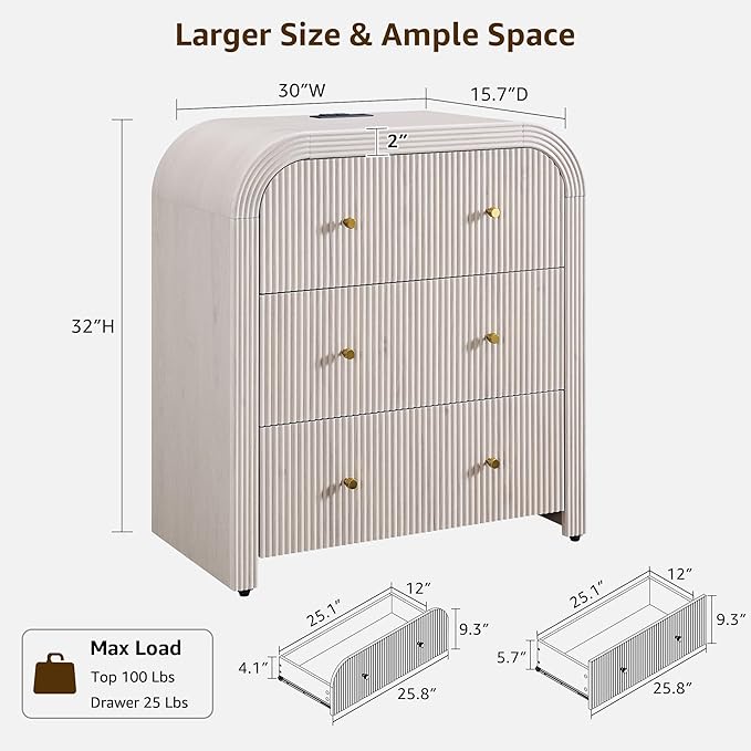 T4TREAM Fluted Dresser with 3 Drawers, 32" Tall Modern Chest of Drawers with Thickened Curved Profile Design, Wood Closet Clothes Storage Organizer for Bedroom, Living Room, Hallway, Alder White