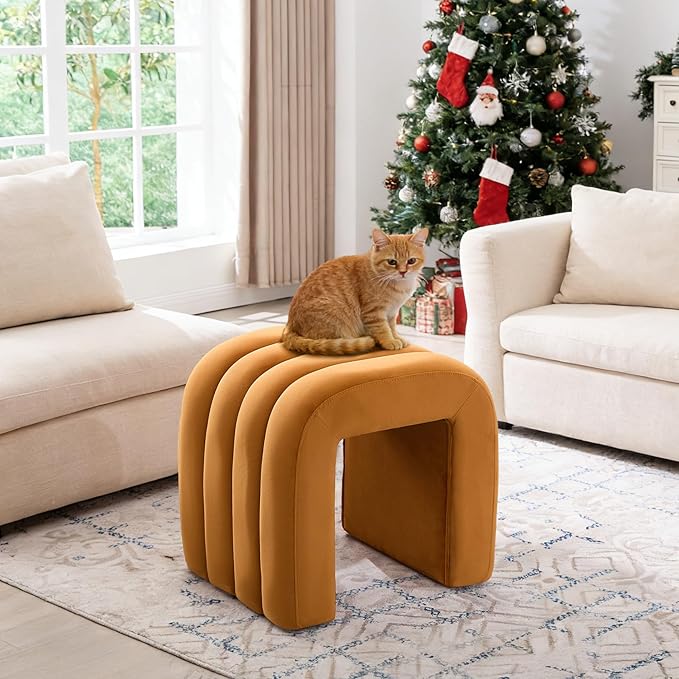 Multi-Functional Ottoman Stool, Footrest for Couch, Modern Vanity Stool for Make-up Room, Living Room and Entryway, Small Cute Footstool (Cognac Velvet)