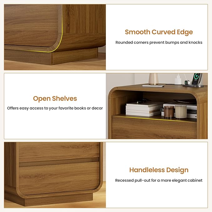 HAUOMS 25" Tall Modern Nightstand with Charging Station, 23.6" Wide Wood Bedside Table w/2 Storage Drawers, Curved Profile Design, Large Mid Century End Table for Bedroom, Living Room, Walnut