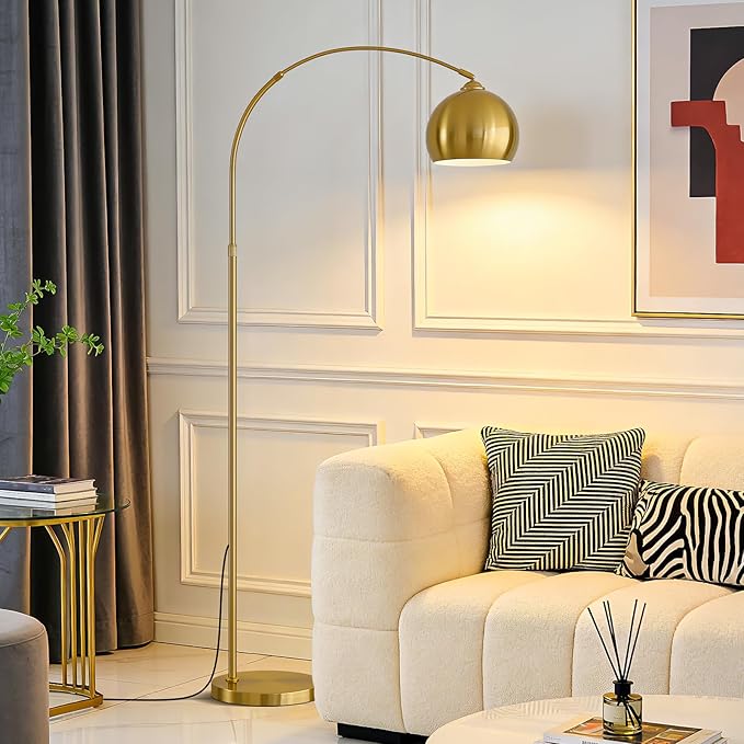 Brushed Gold Arc Floor Lamp 71" Tall, Dimmable 12W LED Smart Standing Lamp with Remote, 360° Rotatable Adjustable Height & Span, Elegant Floor Lamp for Living Room, Bedroom, Office, Library