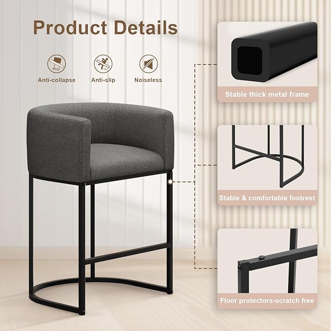 26" H Counter Height Bar Stools Set of 1, Modern Barrel Counter Stools with Backrest and Arms, Linen Fabric Upholstered Accent Barstools for Kitchen Island,Support 450 LBS (Carbon Black)