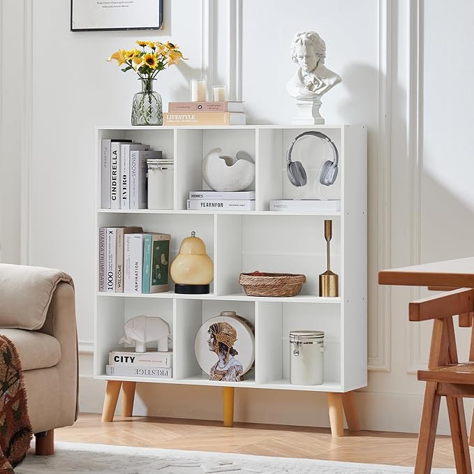 LEYAOYAO 8 Cube Bookshelf,3 Tier Bookcase with Legs,White Mid-Century Modern Bookshelves,Large Open Storage Organizer Shelf, Wooden Book Case