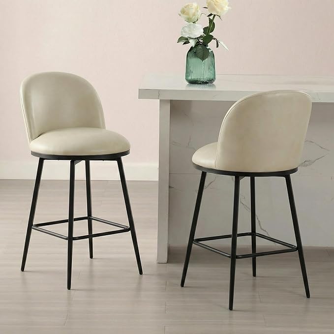 26" Counter Height Swivel Bar Stools Set of 4, Upholstered Faux Leather Barstools with Backs and Metal Legs for Kitchen Island,Cream