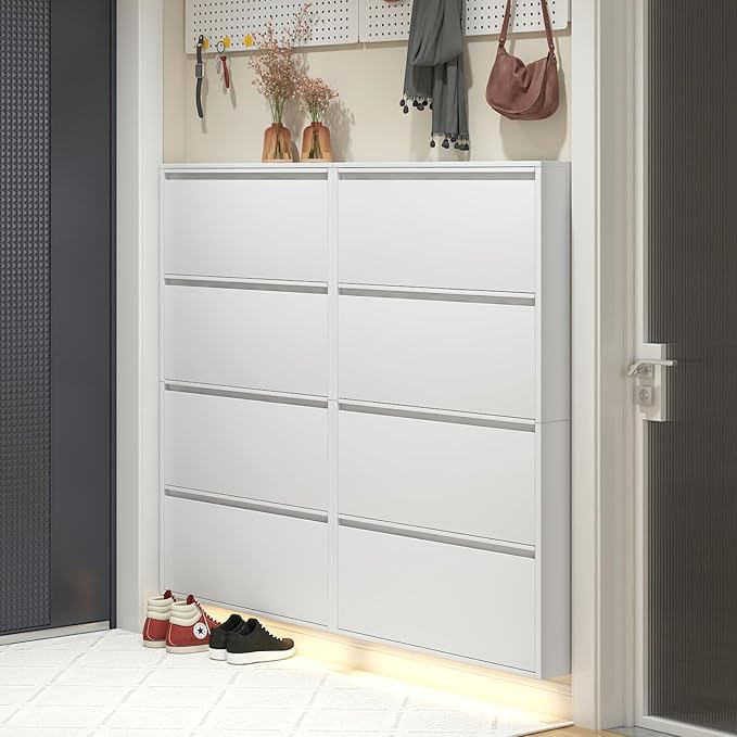 LUCYPAL Shoe Cabinet for Entryway,White Narrow Shoe Storage Cabinet with 4 Flip Drawers,Metal Slim Wall Mounted Shoe Cabinet for Entryway,Hallway,Living Room,White