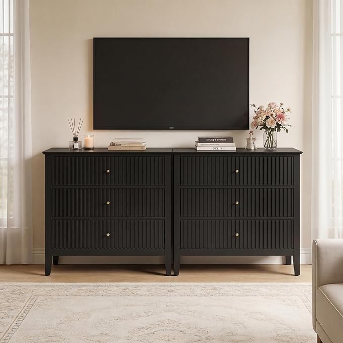 RoyalCraft Large 3 Drawer Dresser Set of 2, Fluted Chest of Drawers with Storage, Modern Painted 30 inch Tall Nightstand for Bedroom Living Room Entryway, Black