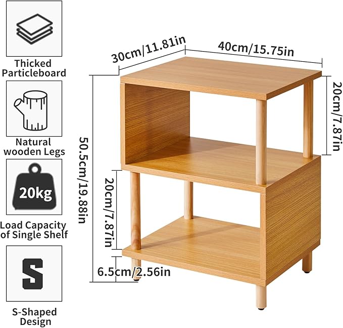 Aibiju Wooden Night Stand with Open Shelf, Nightstand with Solid Wood Legs, S-Shaped Bed Side Table 3 Tier, End Table Natural Wood YD-TM152N