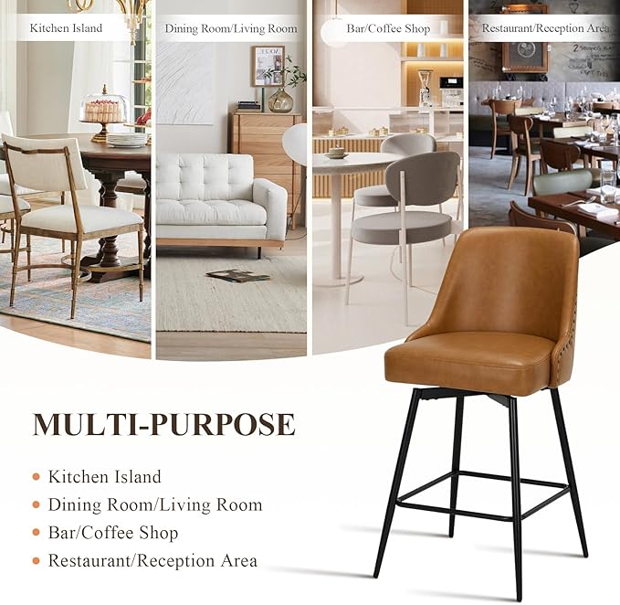 MALOL Bar Stools Set of 4, 26" Swivel Counter Height Chairs with Back,Thick Padded Seat & Footrest,Modern Faux Leather Barstool for Kitchen Island,Dining Room,Pub,Brown