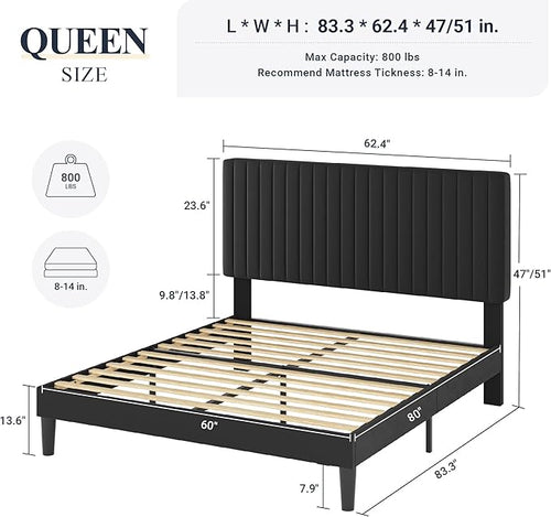 Allewie Queen Bed Frame, Velvet Upholstered Platform Bed with Vertical Channel Tufted Headboard, Mattress Foundation with Strong Wooden Slats, Box Spring Optional, Easy Assembly, Black