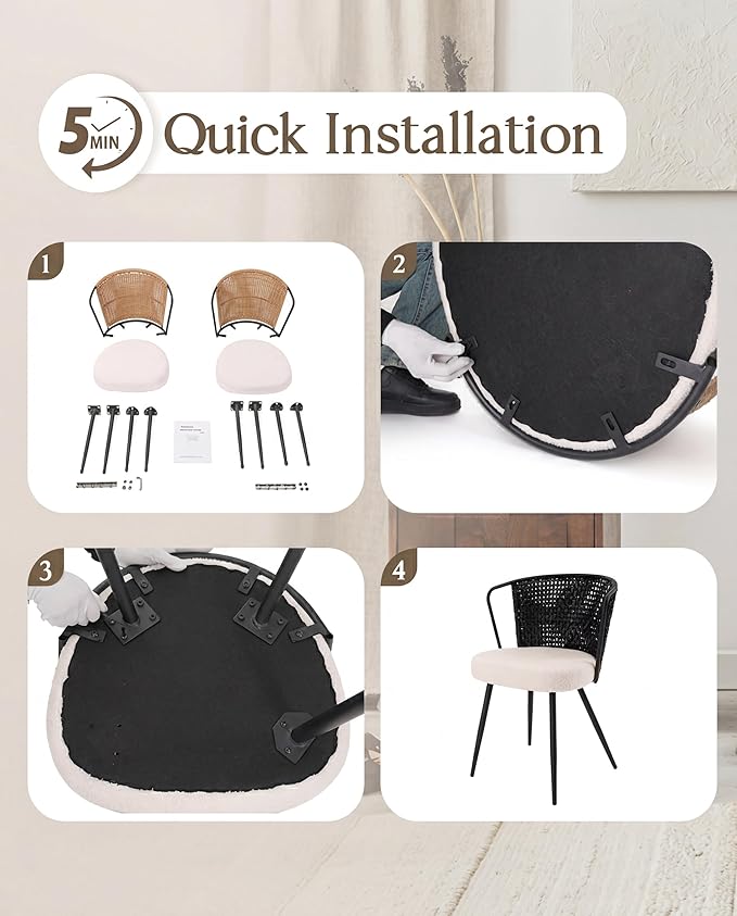 BedsPick Rattan Dining Chairs Set of 2 - Farmhouse Upholstered PE Rattan Kitchen Chair with Boucle Cushion, Wingback Dining Room Seat with Cane Back and Metal Legs for Home, Kitchen (Brown)