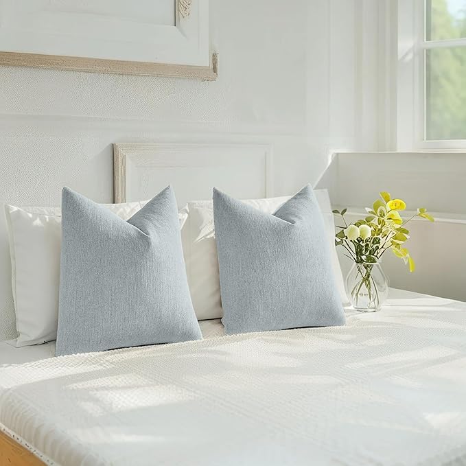 HAUSSY Dusty Blue Throw Pillow Covers 26x26 Inch Set of 2,Boho Decorative Faux Linen Throw Pillows Cozy Farmhouse Accent Cushion Covers,Home Decor for Couch Sofa Bed Living Room