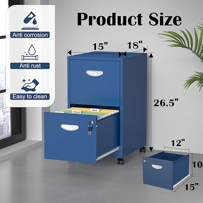 SteeLoong 2 Drawer File Cabinet with Lock,Blue Rolling File Cabinet for Home Office,Printer Stand, Metal Small Mobile Filing Cabinets on Wheels for Hanging Letter