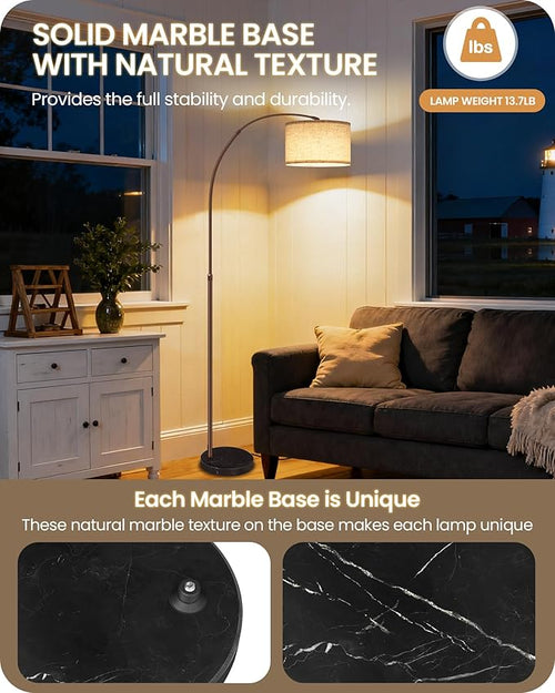 75" Arc Floor Lamp with Marble Base and Adjustable Height, Rotating Hanging Shade, Dimmable Floor Lamp for Living Room with Remote and Foot Switch, 3CCT, Over Couch Arched Light, Beige Brown VE15LD05
