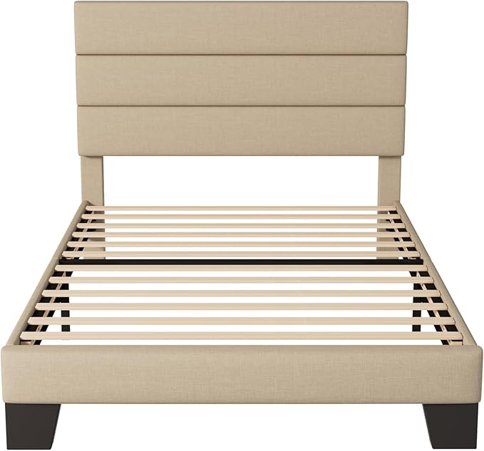 Allewie Twin Size Platform Bed Frame with Fabric Upholstered Headboard and Wooden Slats Support, Fully Upholstered Mattress Foundation/No Box Spring Needed/Easy Assembly, Beige