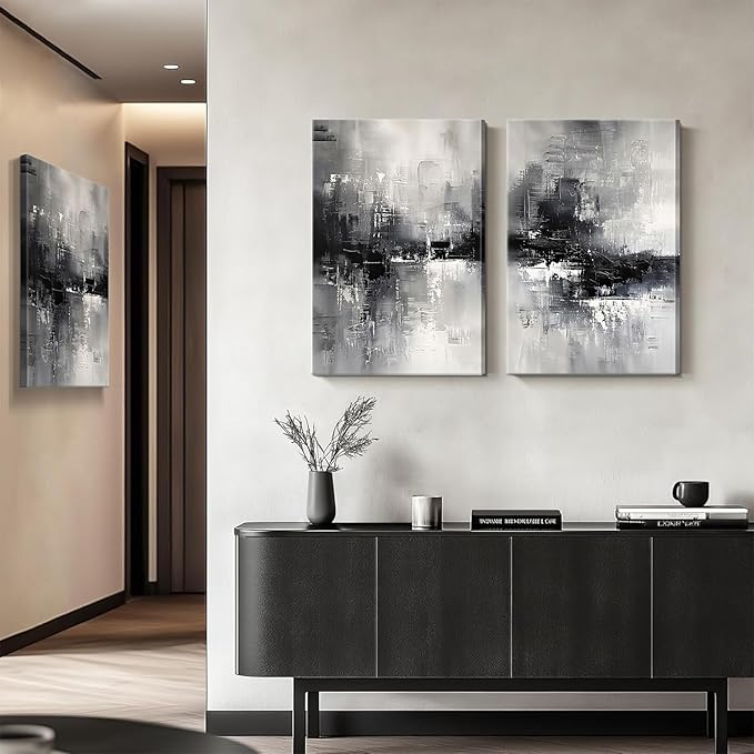 Dytila 3 Piece Large Black And White Abstract Canvas Wall Art for Living Room, Black And Grey Wall Decor, Modern Minimalist Art Print Pictures, Home Artwork - Dining Room Office Framed 16x24 Inch