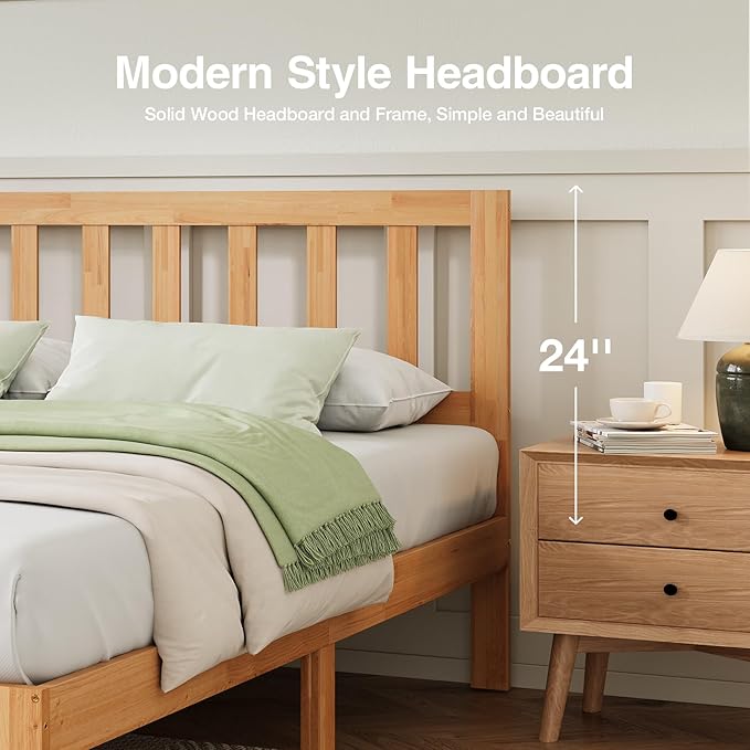 Novilla 12 Inch Full Size Bed Frame Solid Wooden Full Bed Frames with Headboard Wooden Classic Bed Frame Foundation, No Box Spring Needed, Easy Assembly, Natural Grain Wood