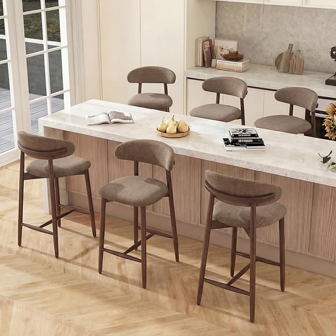 Bar Stools Set of 6, 25.6″ Counter Height Bar Stools with Wood Legs, Upholstered Modern Kitchen Barstools for Kitchen Island Dining Room Bar, Camel