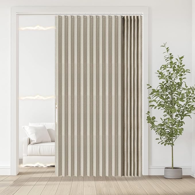 Jilron Accordian Door Curtain, 100% Blackout Folding Magnetic Doorway Curtains,Linen Style Closet Doors,for Room Divider,Privacy Protection（W72 x L78,Off White,1 Panel）