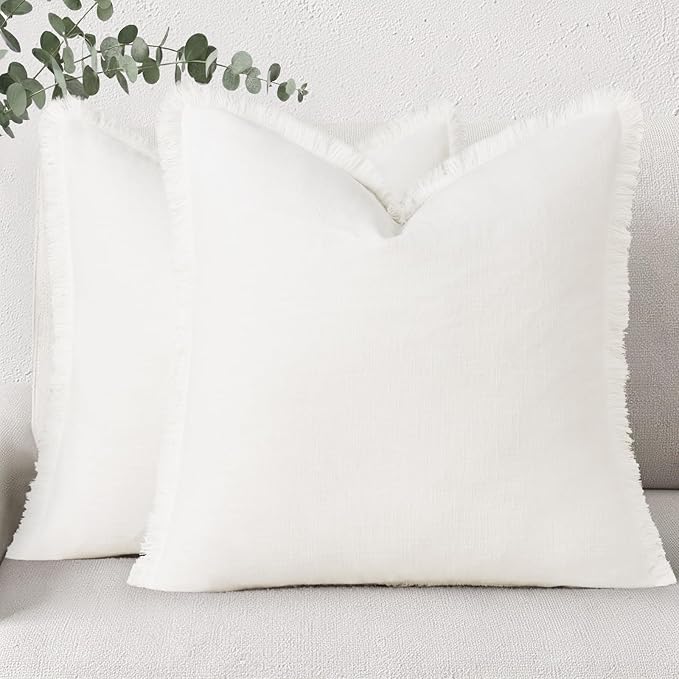 decorUhome Summer Decorative Neutral Linen Fringe Euro Sham Throw Pillow Covers Set of 2 Cream White Pillow Covers with Tassels Soft Farmhouse Boho Accent Pillow Cases for Couch Bed Sofa 26x26 Inch