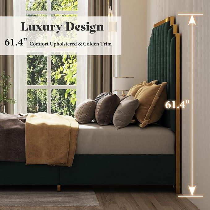 AMERLIFE Queen Size Upholstered Bed, Modern Velvet Bed Frame with 61.4” Tall Gold Trim Headboard, No Box Spring Needed, Green