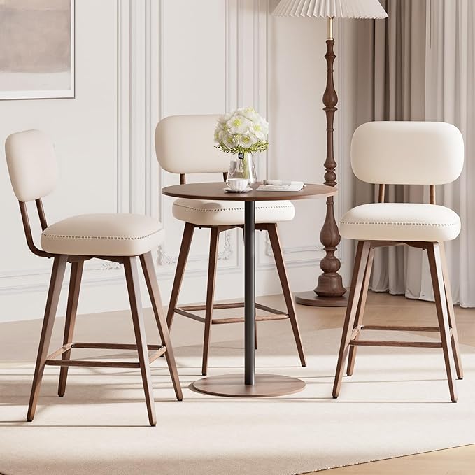 MALOL 26“ PU Leather Swivel Bar Stools Set of 3, Mid Century Counter Height Bar Chairs with Low Back and Metal Legs, Modern Bar Stool Chair for Kitchen Island, Beige
