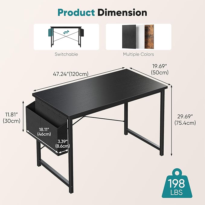 OLIXIS Computer Desk 47 Inch Home Office Desks for Small Spaces, Gaming Writing Study Work Table with Storage Bag and Headphone Hook for Bedroom, Black