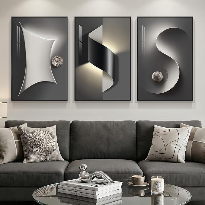 3 Piece Framed Black and White Abstract Wall Art for Living Room, Large Modern Minimalist Geometric Picture Prints Paintings, Bright Style Luxury Artwork for Bedroom Dining Room Wall Decor 20x30 Inch