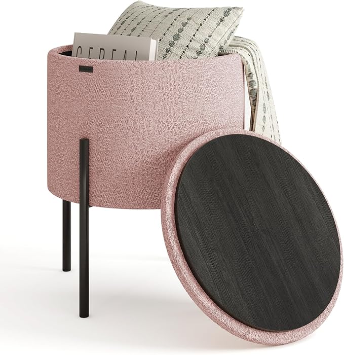 STORAGEBUD Round Ottoman with Storage, Boucle Storage Ottoman, Foot Stool Ottoman, Makeup Vanity Stool, Small Ottomans Foot Rest, Modern Ottomans for Living Room and Bedroom, Pink
