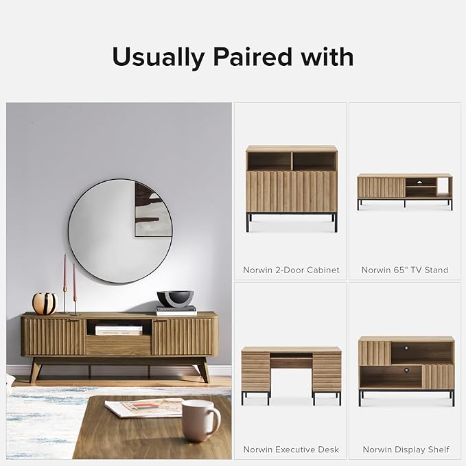 mopio Brooklyn Mid-Century Modern TV Stand, for TVs up to 50” / 59" Waveform Panel, Sleek Curved Profile with Adjustable Shelf and Sturdy Box Frame Leg (Natural Walnut, 57")
